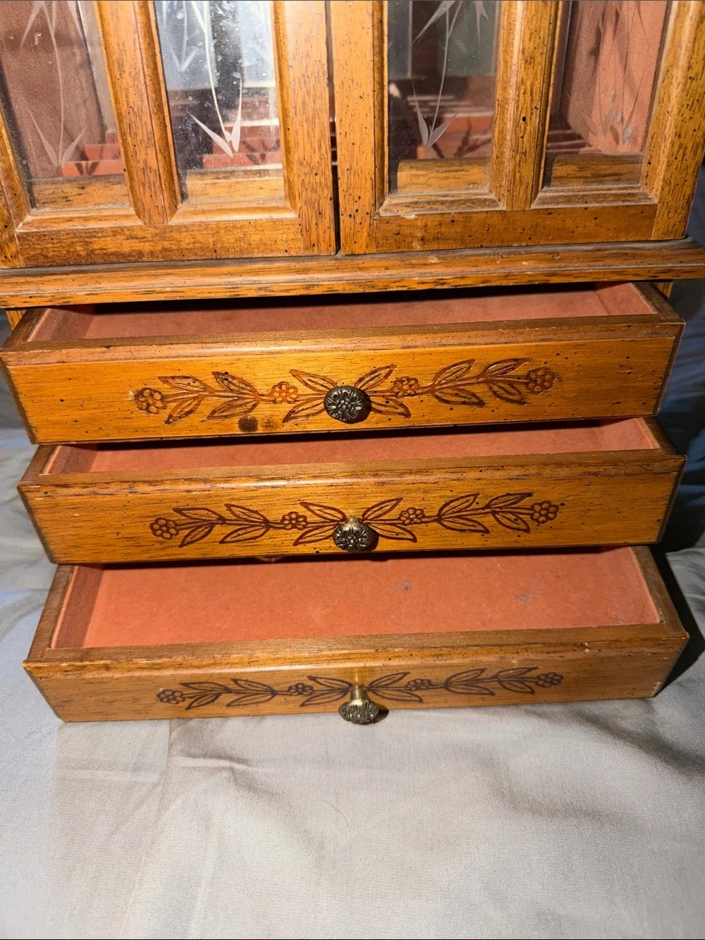 Vintage Wooden Jewelry Armoire with Floral glass carvings - Honey Brown